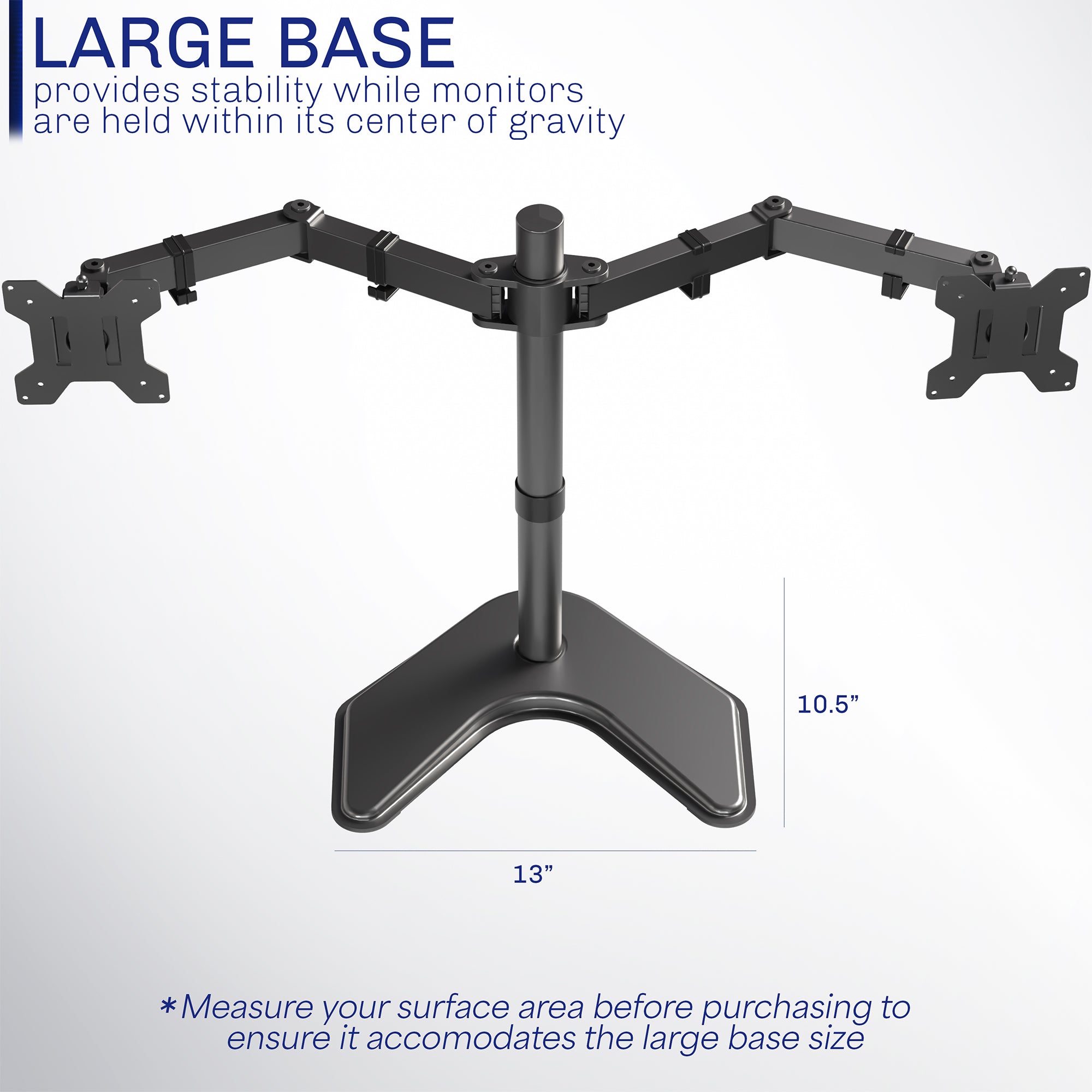 Sturdy adjustable dual monitor stand large base.