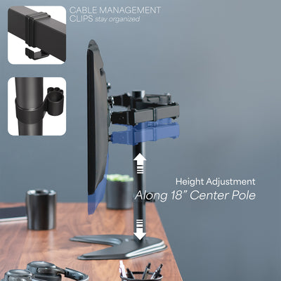 Sturdy adjustable dual monitor stand height adjustment and integrated cable management.