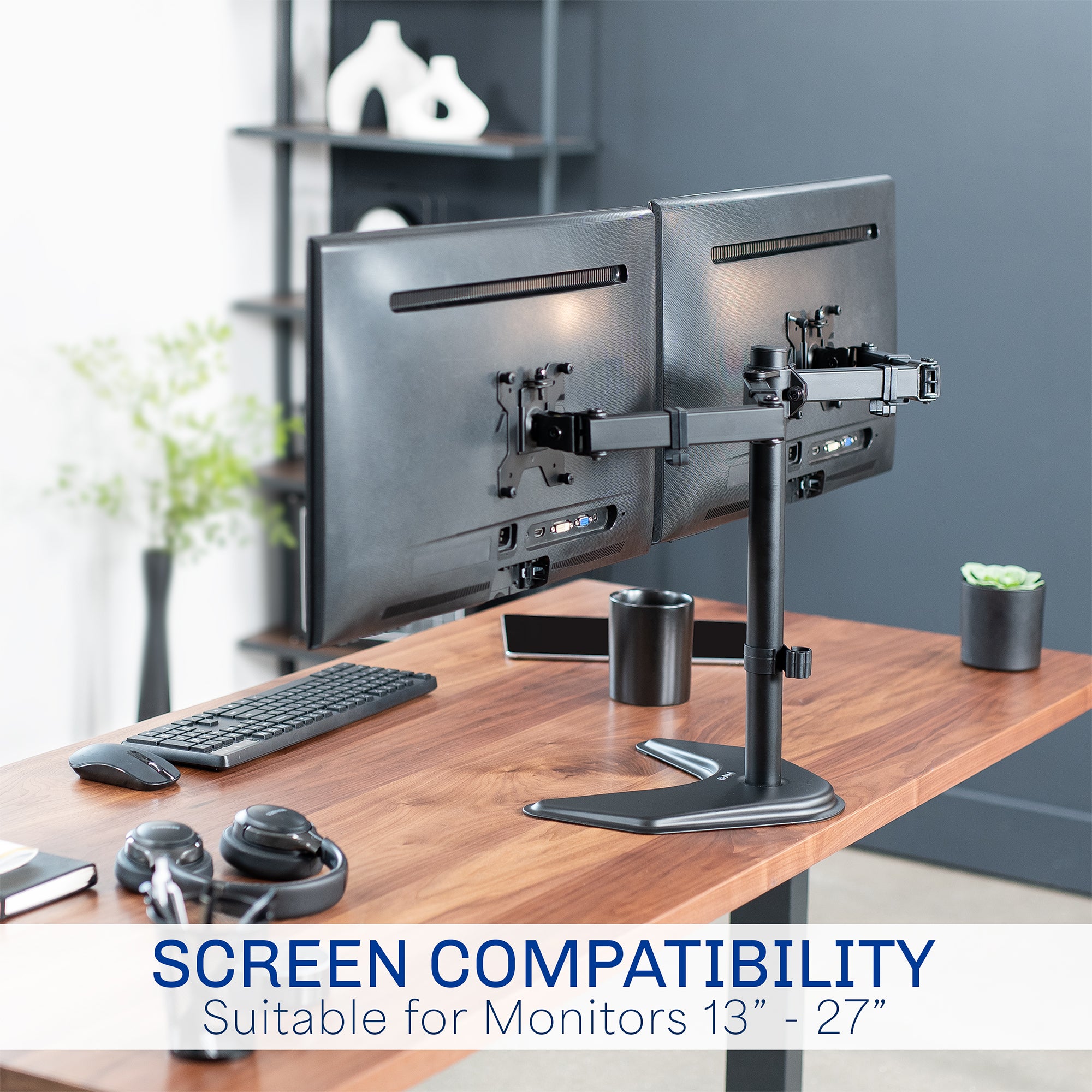 Sturdy adjustable dual monitor stand.