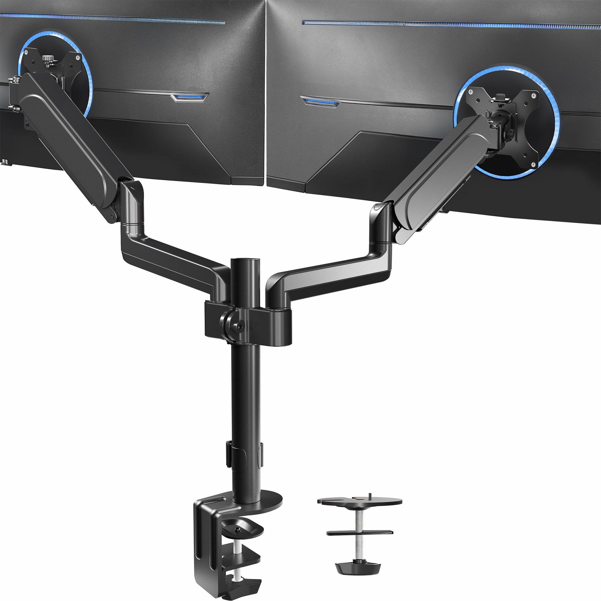 Sturdy adjustable pneumatic arm dual monitor ergonomic desk stand for office workstation.