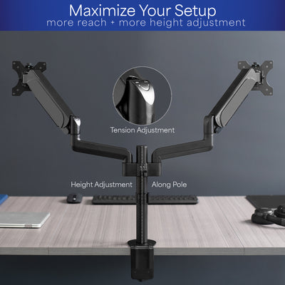 Sturdy adjustable pneumatic arm dual monitor ergonomic desk stand for office workstation.