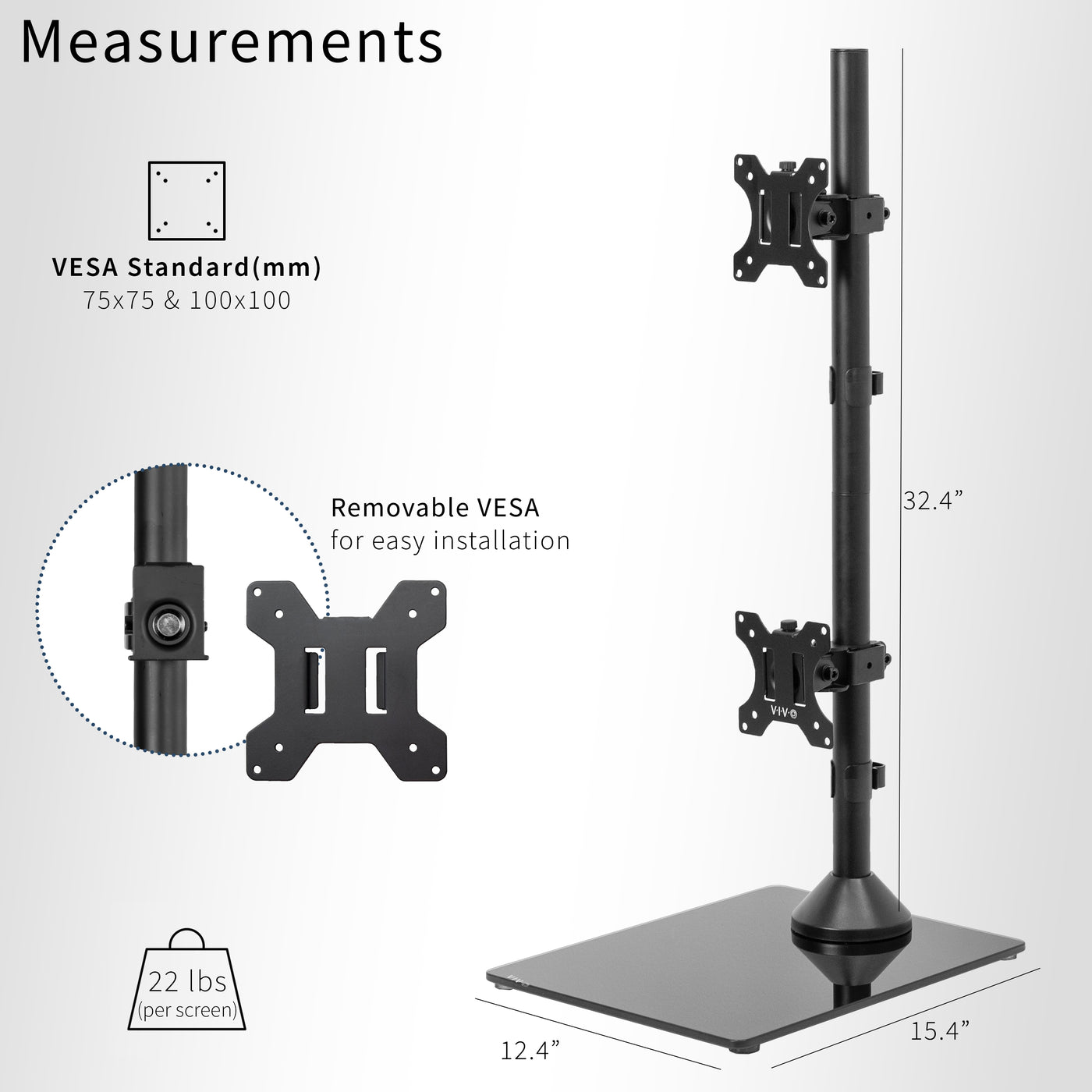 Dual Vertical Monitor Desk Stand with Glass Base – VIVO - desk ...