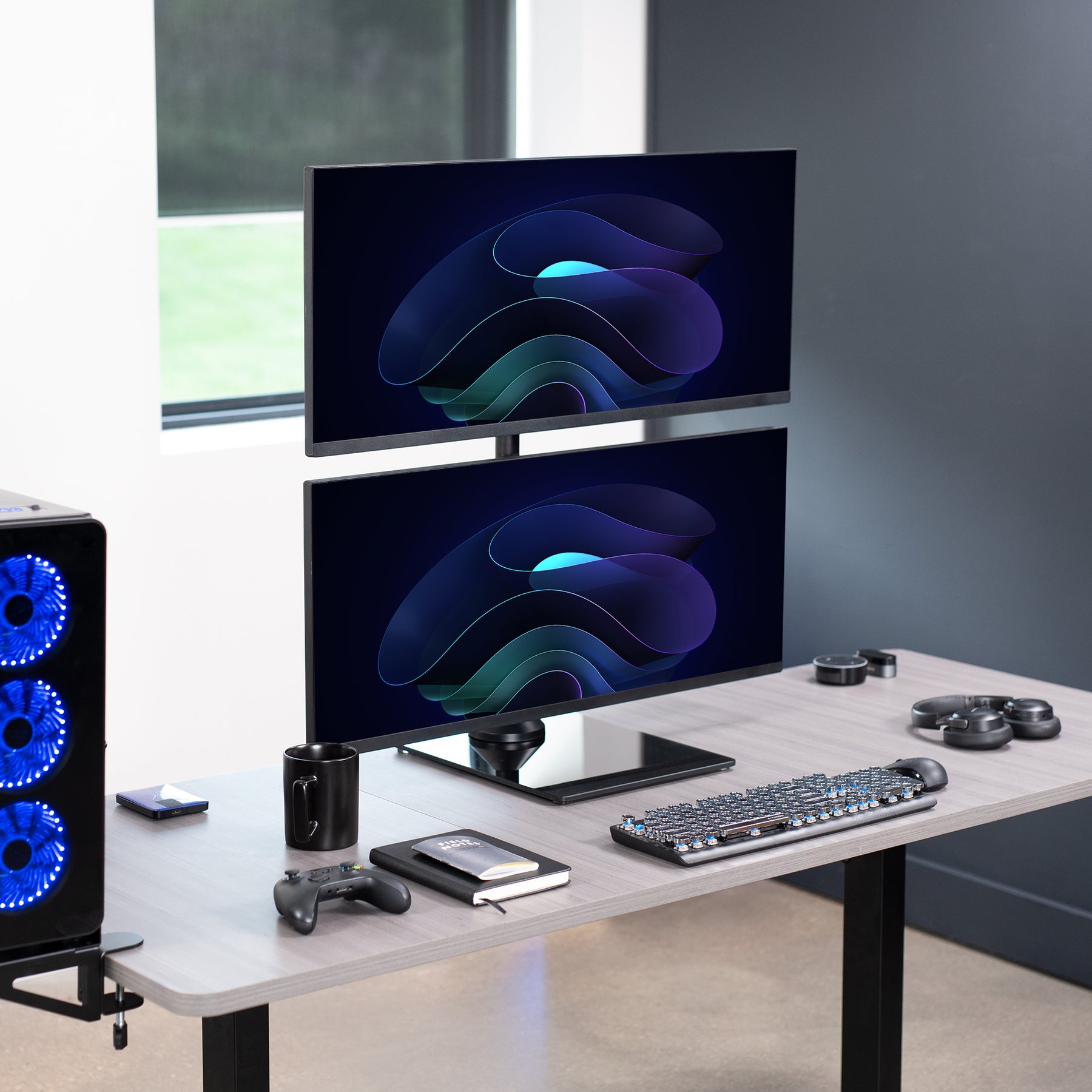 Dual Vertical Monitor Desk Stand with Glass Base – VIVO - desk ...