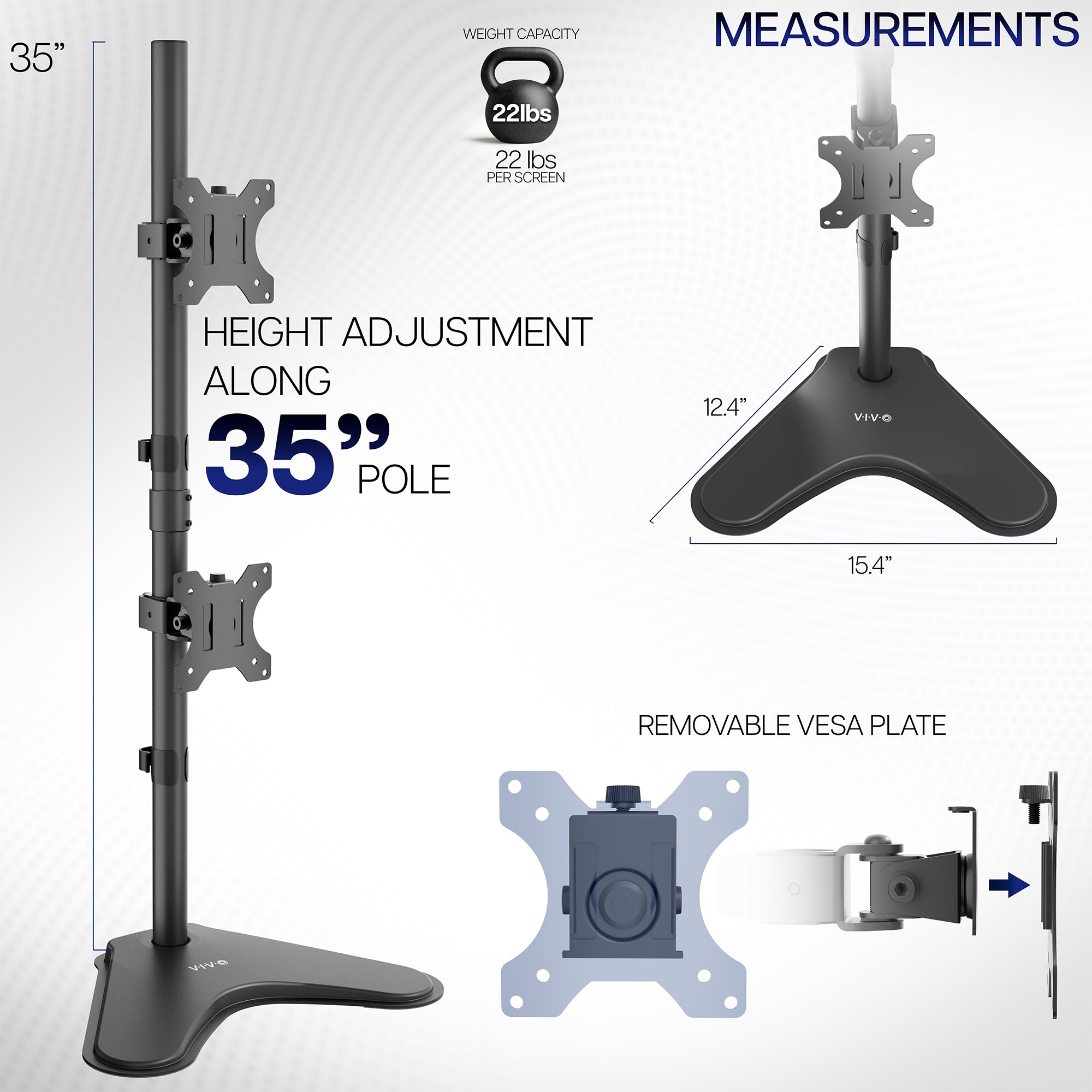 Monitor stand with height adjustment features and measurements on a white background