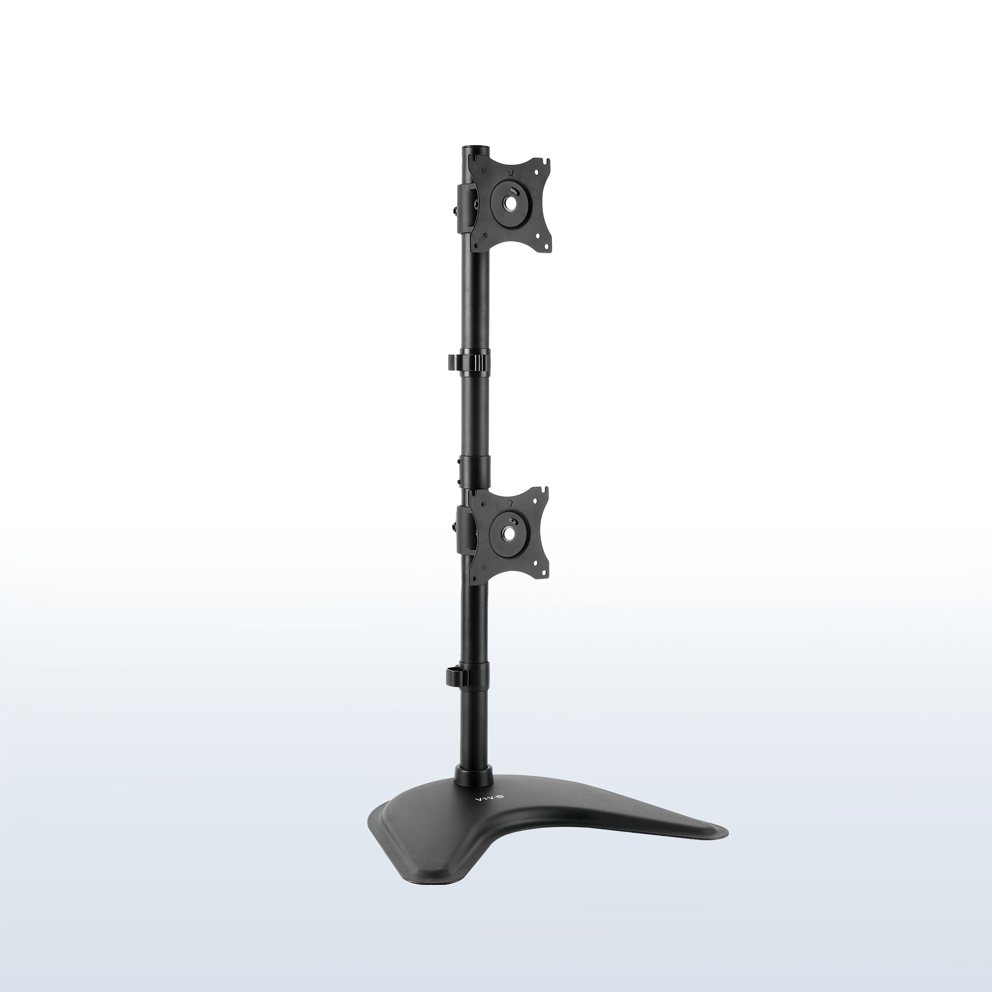 Sturdy adjustable vertical dual monitor ergonomic desk stand for office workstation.
