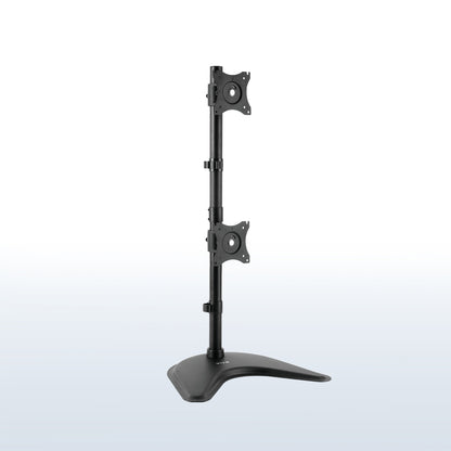 Sturdy adjustable vertical dual monitor ergonomic desk stand for office workstation.
