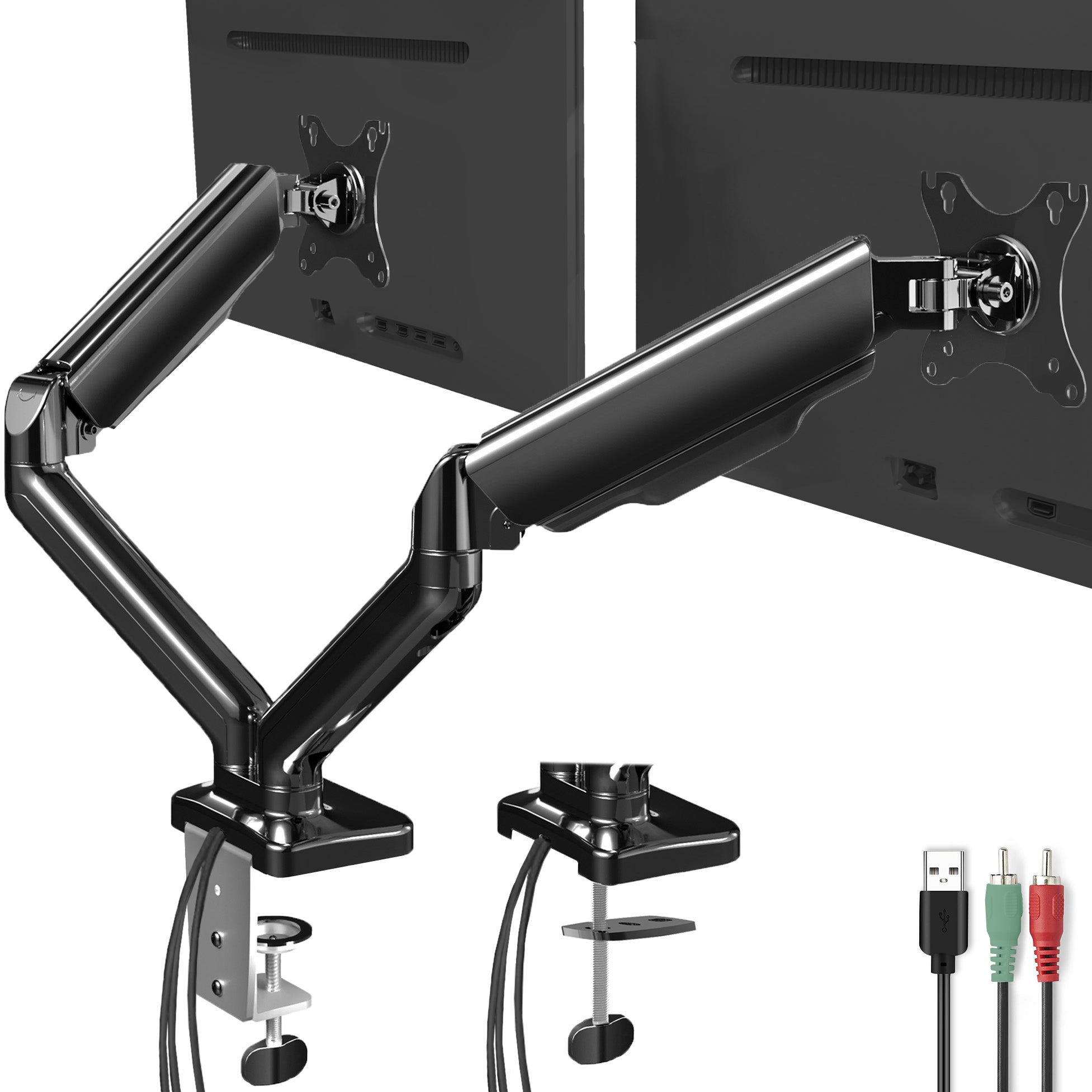 Sturdy adjustable mechanical arm dual monitor ergonomic desk stand for office workstation with USB ports.