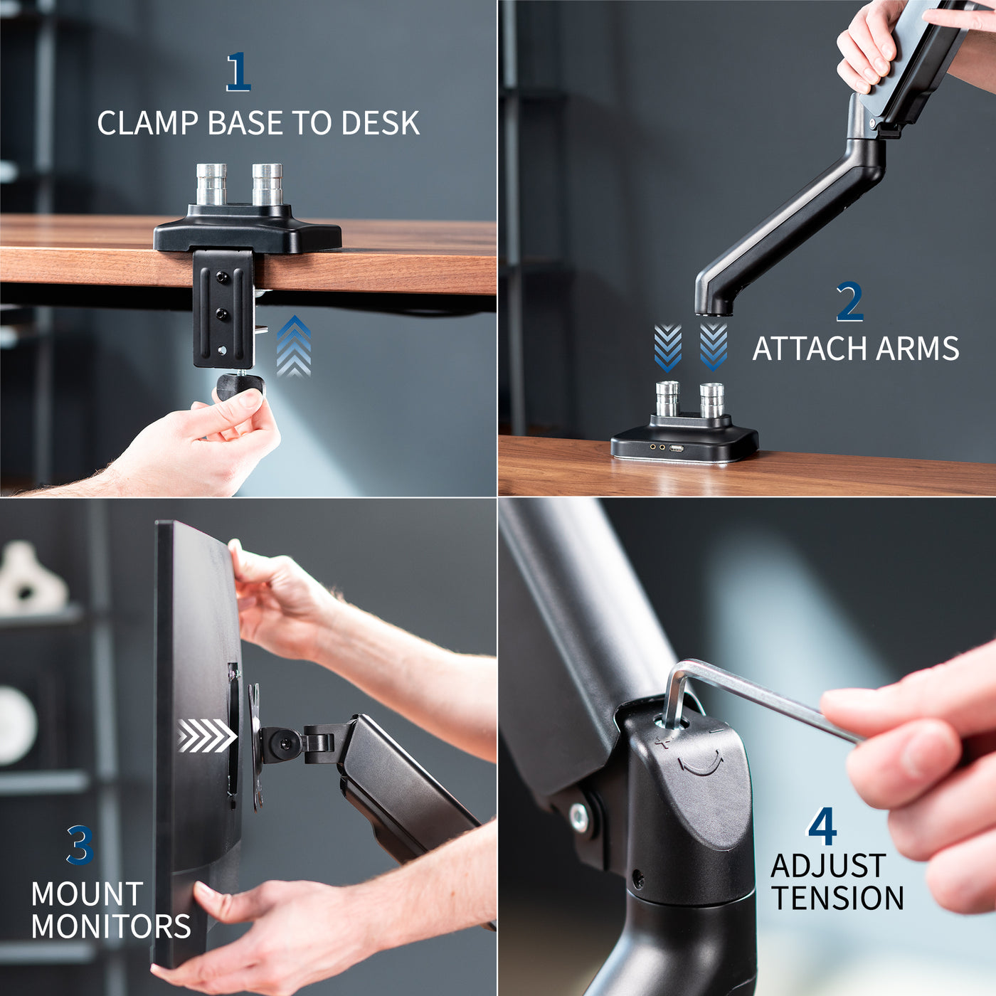 Sturdy adjustable mechanical arm dual monitor ergonomic desk stand for office workstation with USB ports.