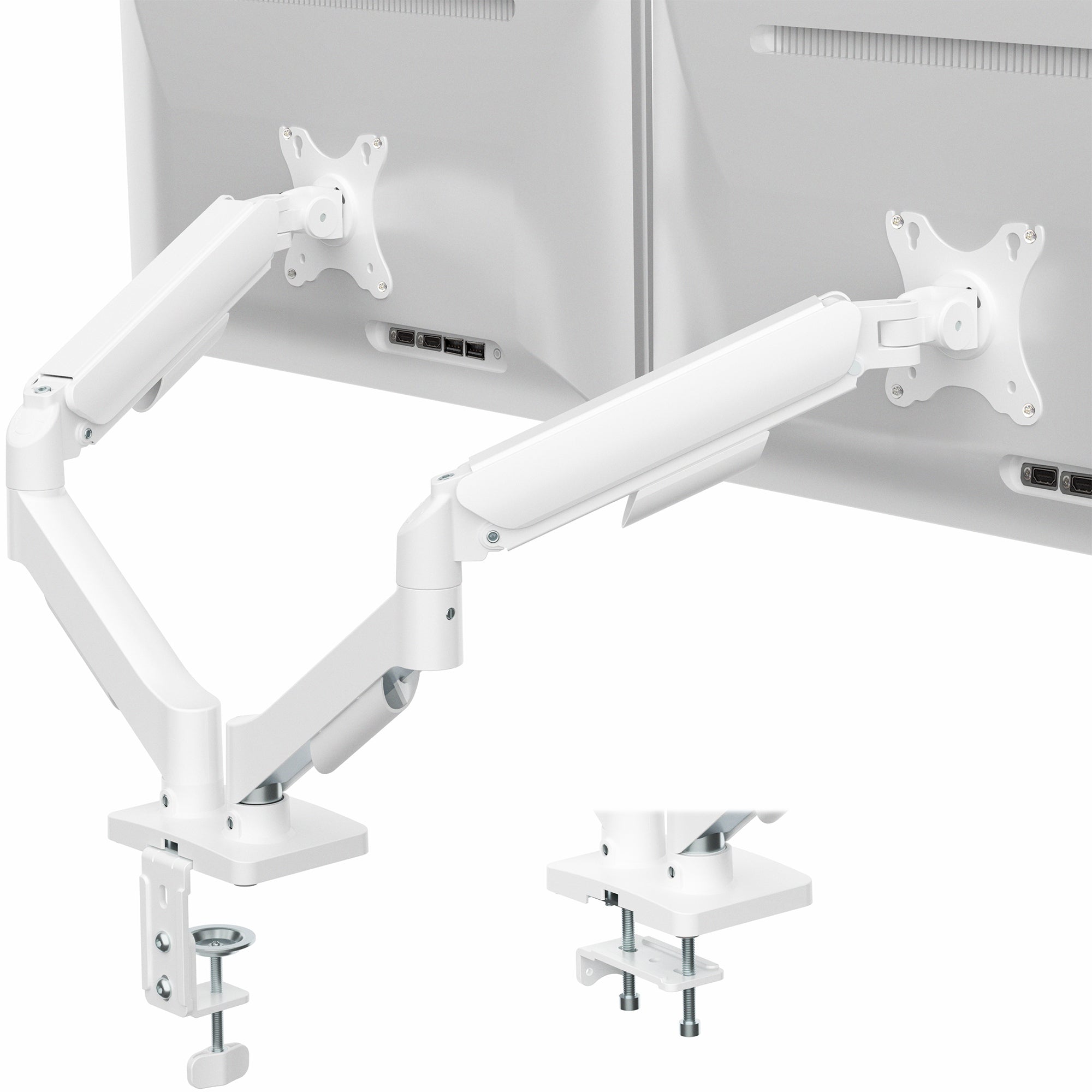 Sturdy adjustable mechanical arm dual monitor ergonomic desk stand for office workstation.