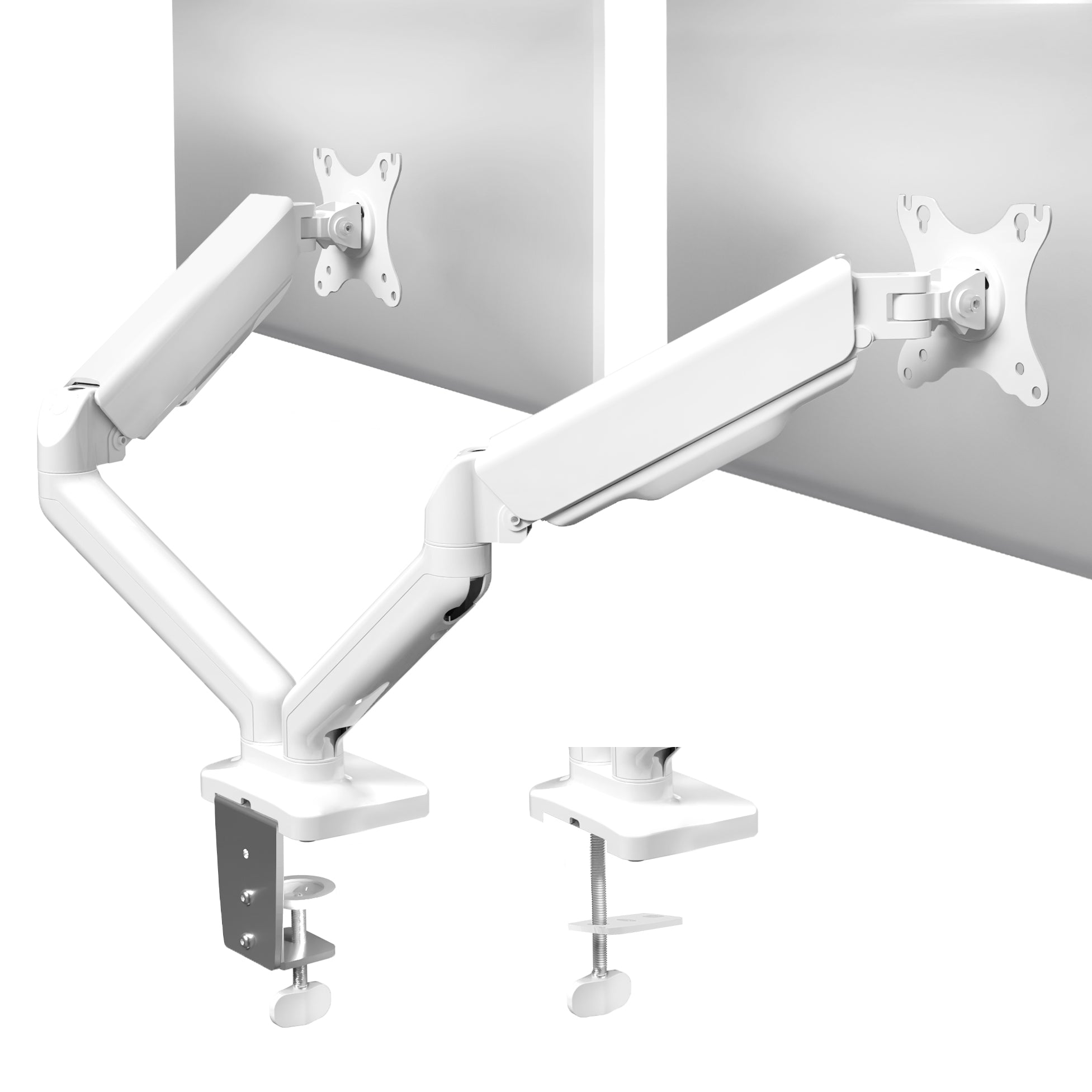 Sturdy adjustable mechanical arm dual monitor ergonomic desk stand for office workstation.