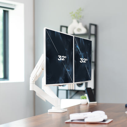 Sturdy adjustable mechanical arm dual monitor ergonomic desk stand for office workstation.