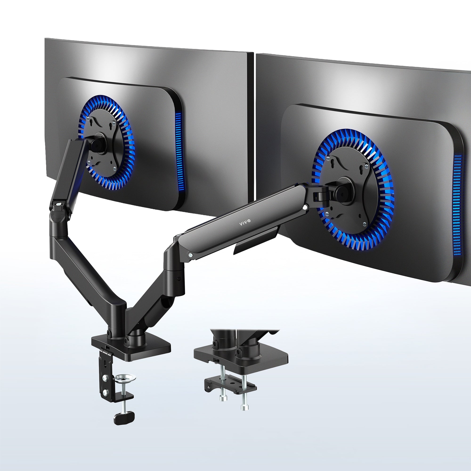 Sturdy adjustable mechanical arm dual monitor ergonomic desk stand for office workstation.