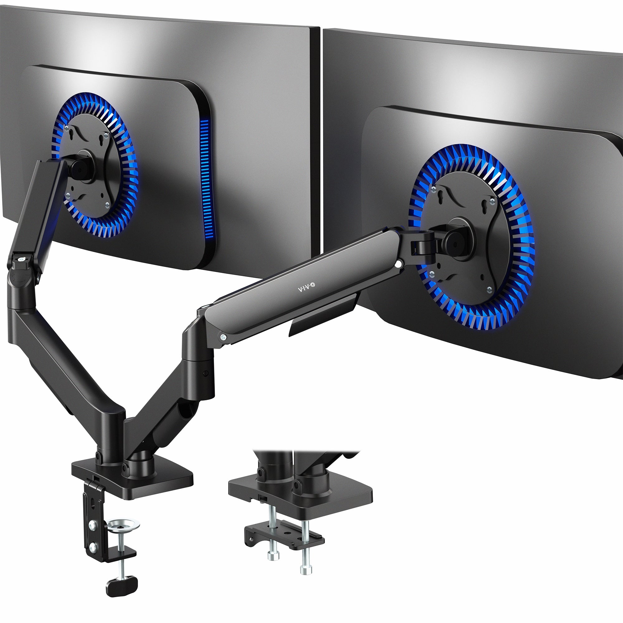 Monitor arm with dual monitor support on a white background
