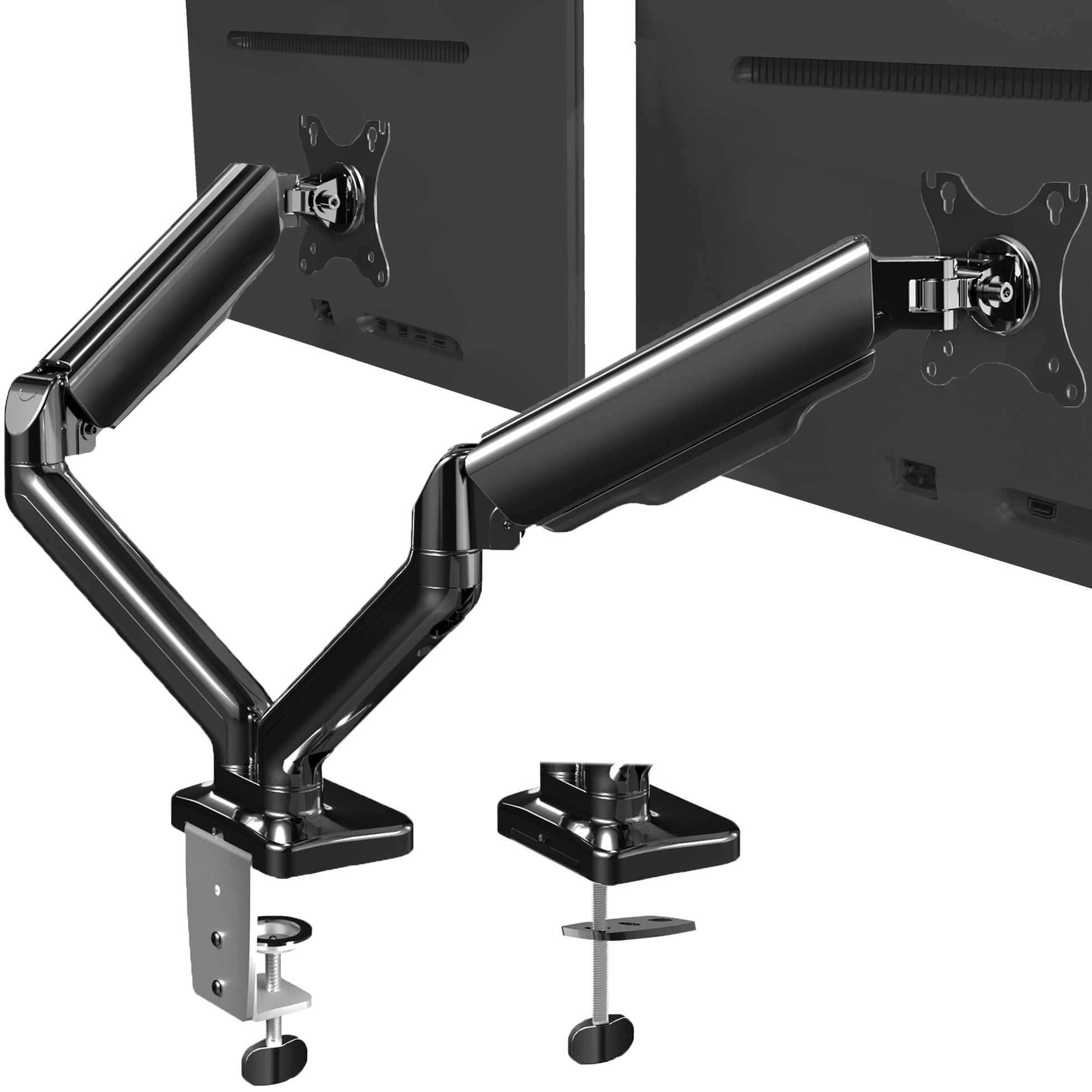 Sturdy adjustable mechanical arm dual monitor ergonomic desk stand for office workstation.