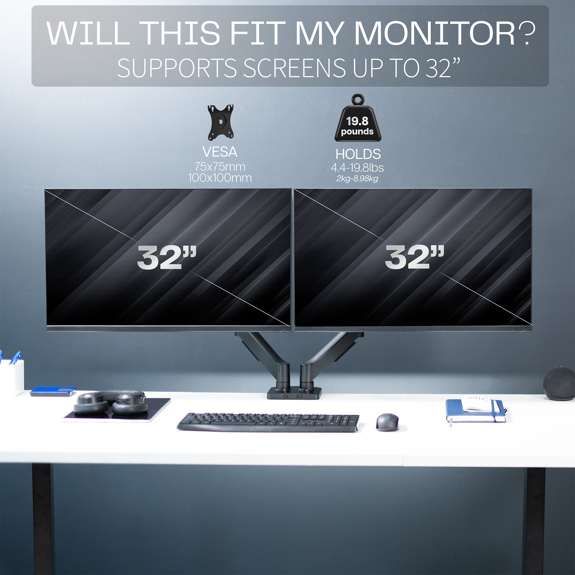 Sturdy adjustable mechanical arm dual monitor ergonomic desk stand for office workstation.