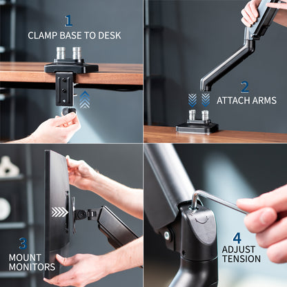 Sturdy adjustable mechanical arm dual monitor ergonomic desk stand for office workstation.