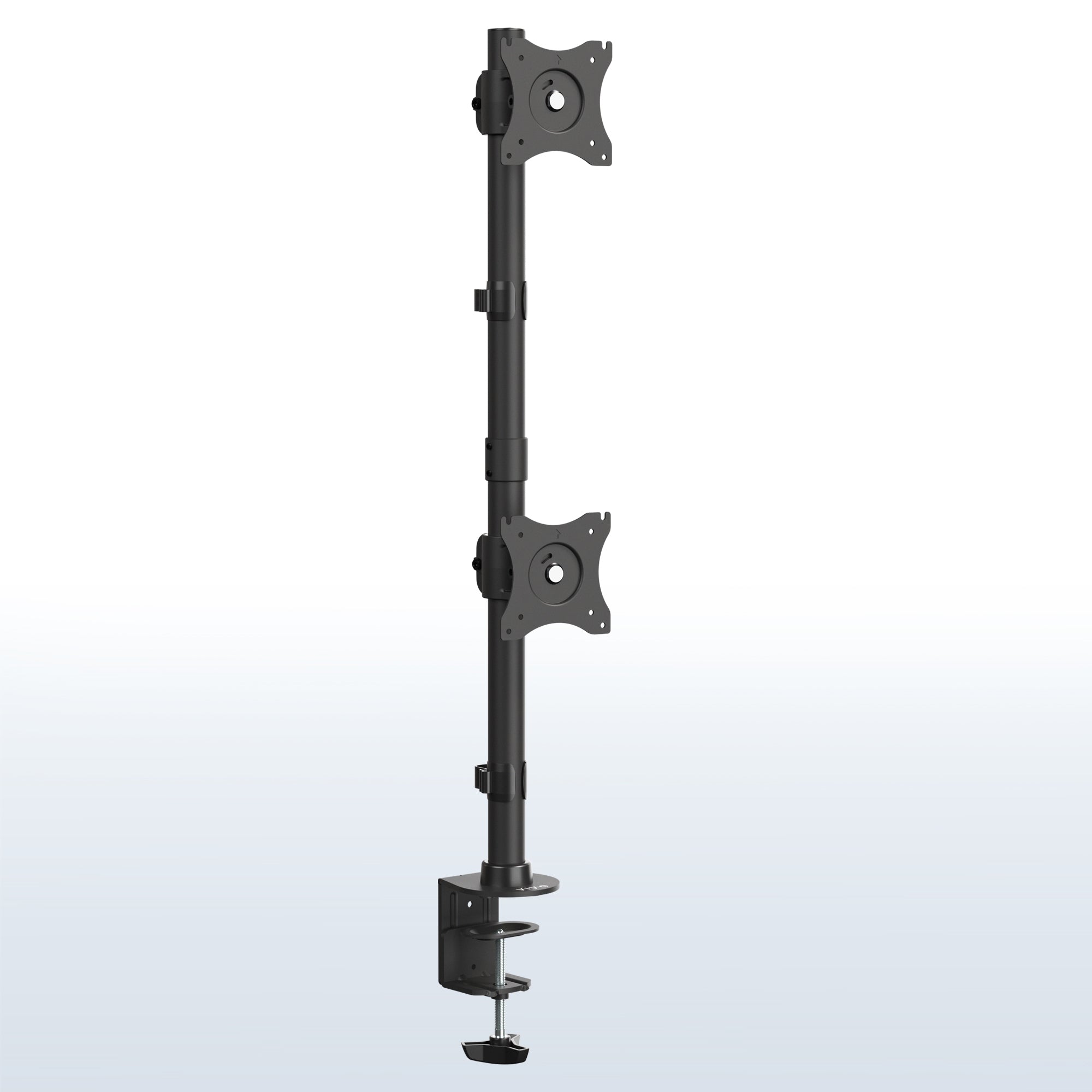 Sturdy adjustable vertical dual monitor ergonomic desk mount for office workstation.