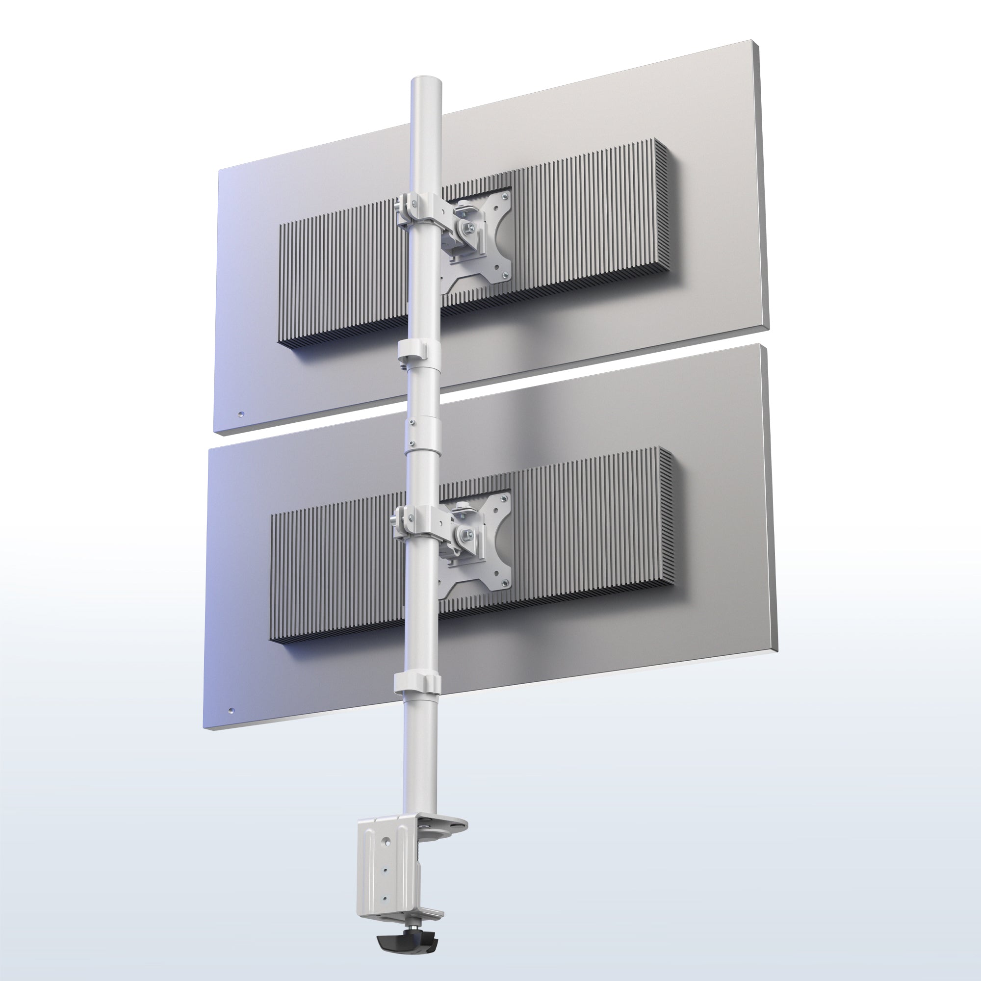 White Dual monitor stand with two monitors on a white and blue gradient background