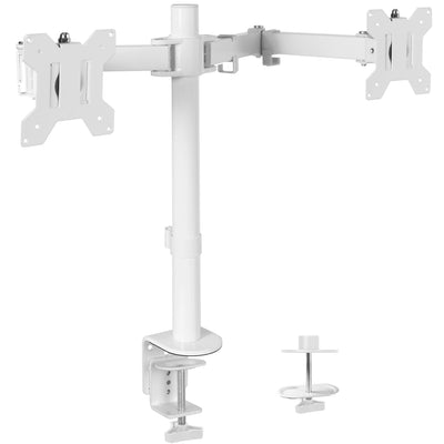 Dual monitor mount with universal VESA patterns and grommet clamp.