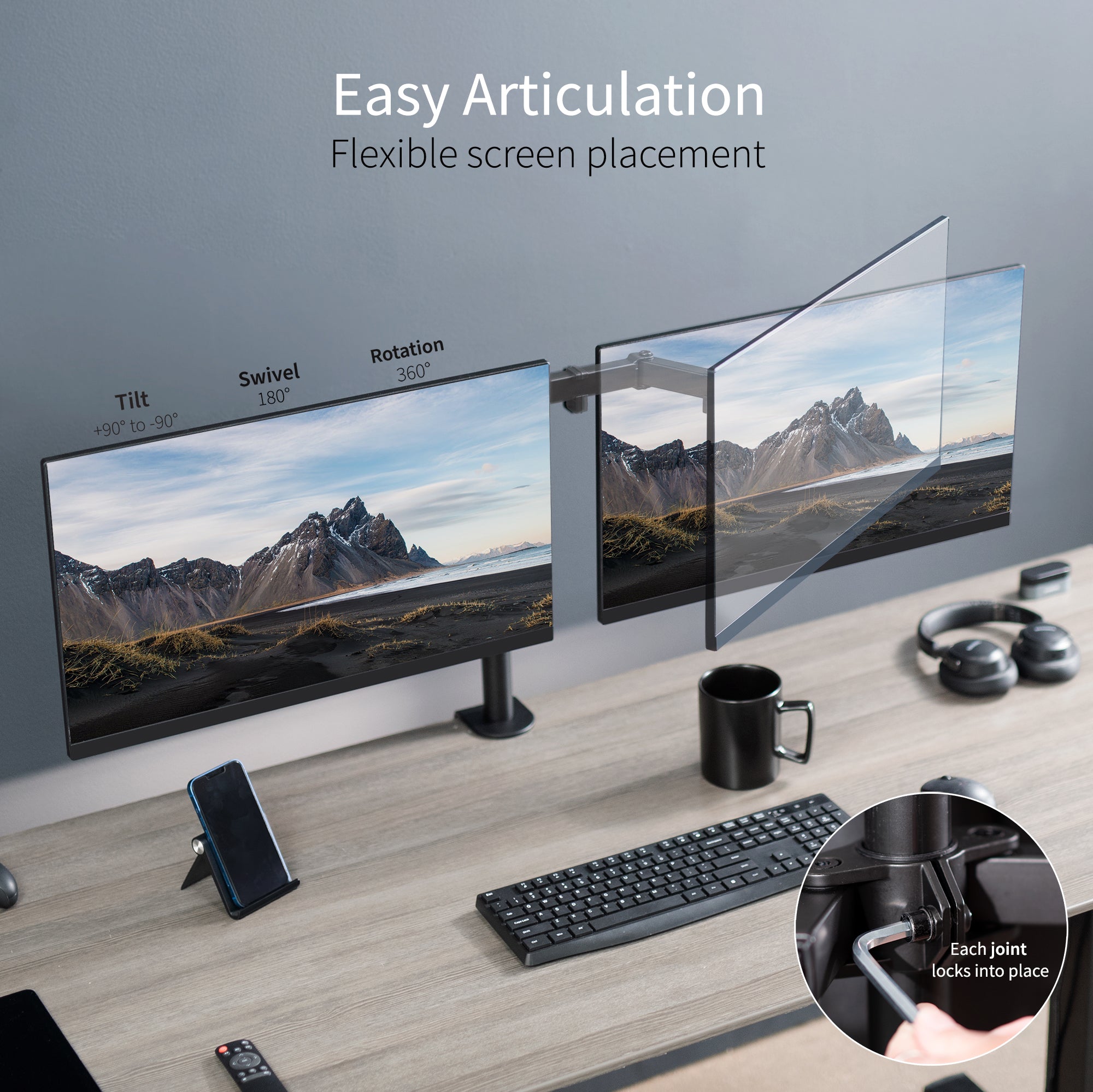 Sturdy adjustable dual monitor ergonomic desk mount for office workstation.