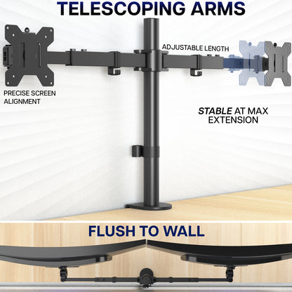 Telescoping arms monitor stand with features labeled on a white background