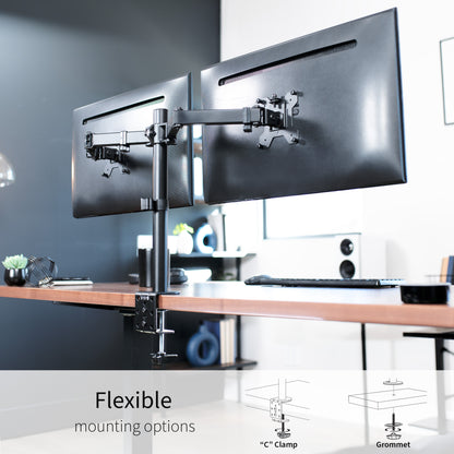 Sturdy adjustable dual monitor ergonomic desk mount for office workstation.