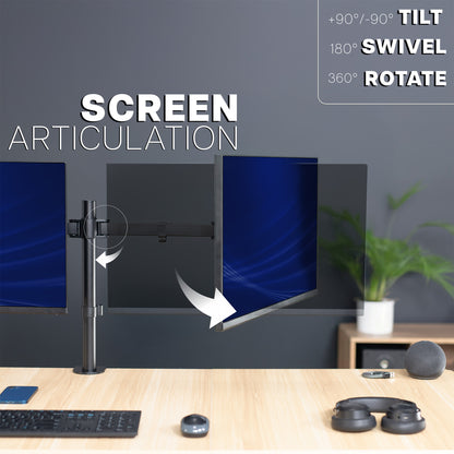 Computer monitor stand with screen articulation features on a desk setup.