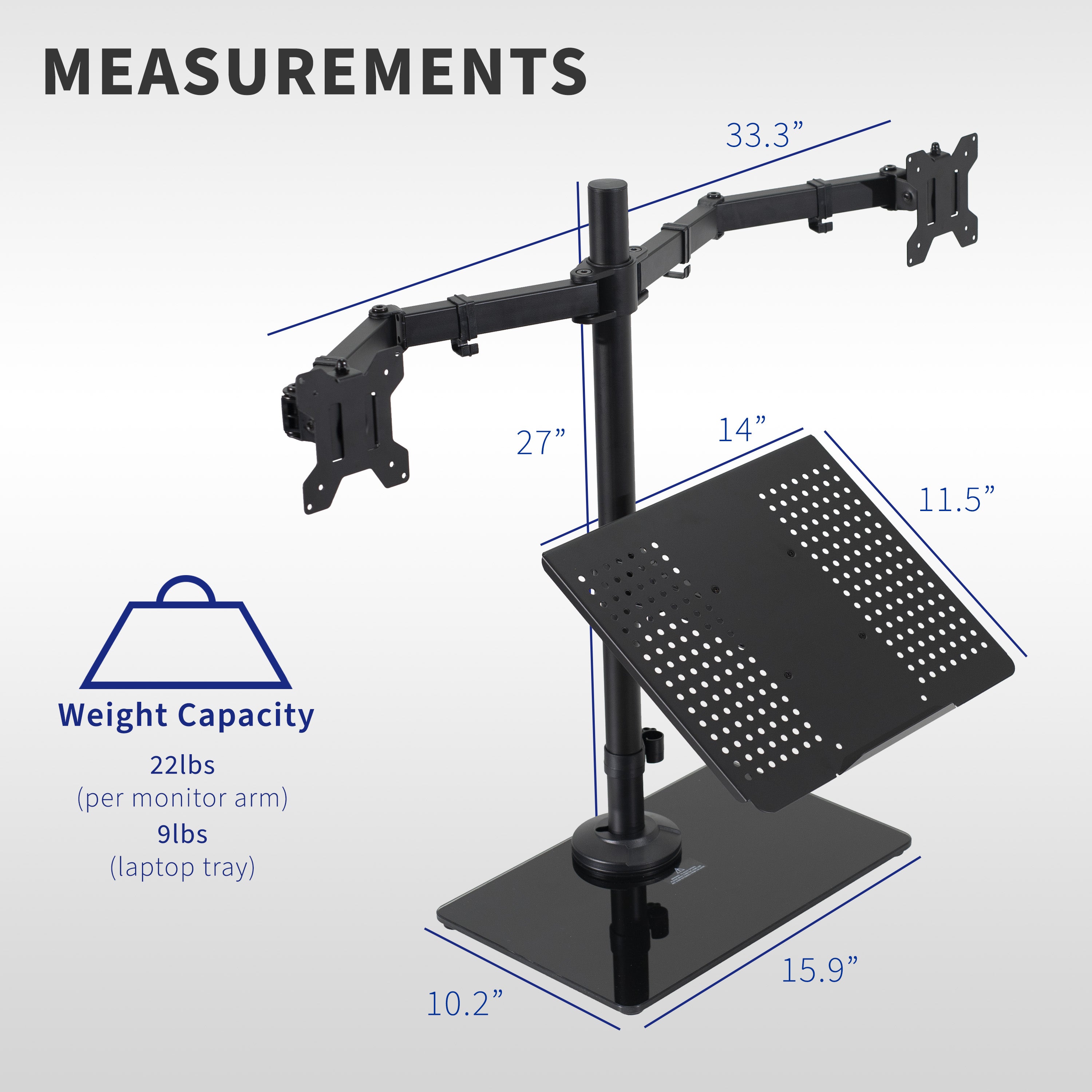 Freestanding dual monitor and laptop stand with elegant glass base for optimal viewing and ergonomic placement.