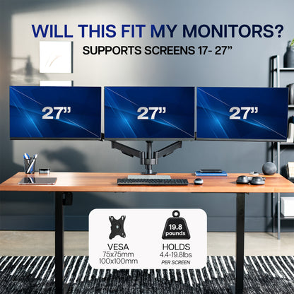 Monitor stand with three 27-inch monitors on a desk, question about screen size compatibility.