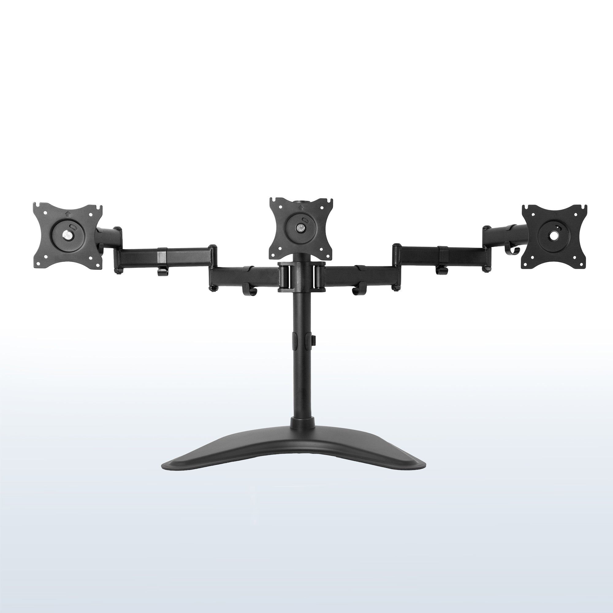 Sturdy height adjustable triple monitor desk stand.