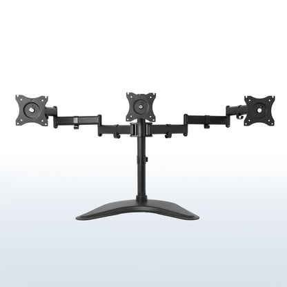 Sturdy height adjustable triple monitor desk stand.