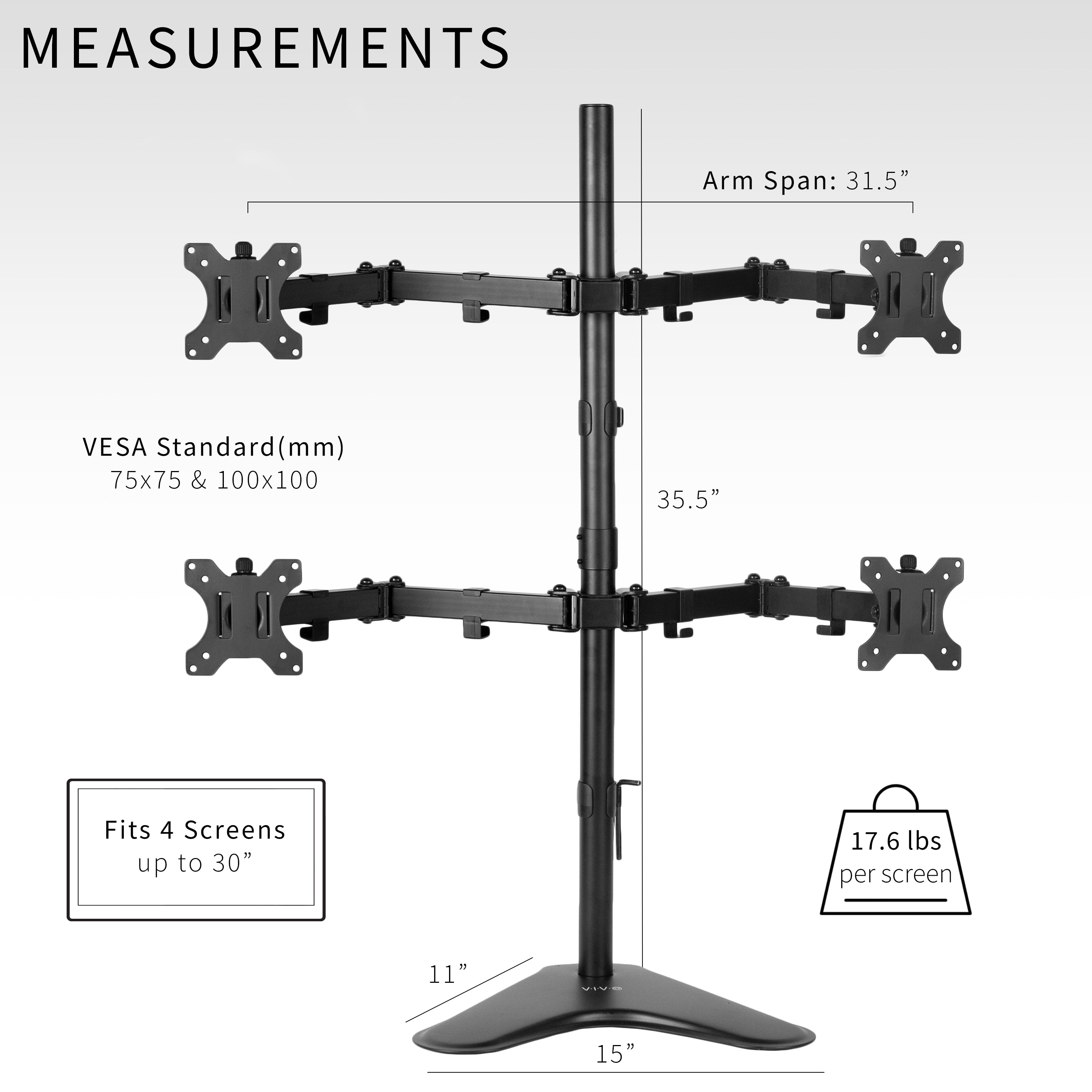 Quad Monitor Desk Stand holds 4 screens for work efficiency at your office desk. Features a freestanding base.