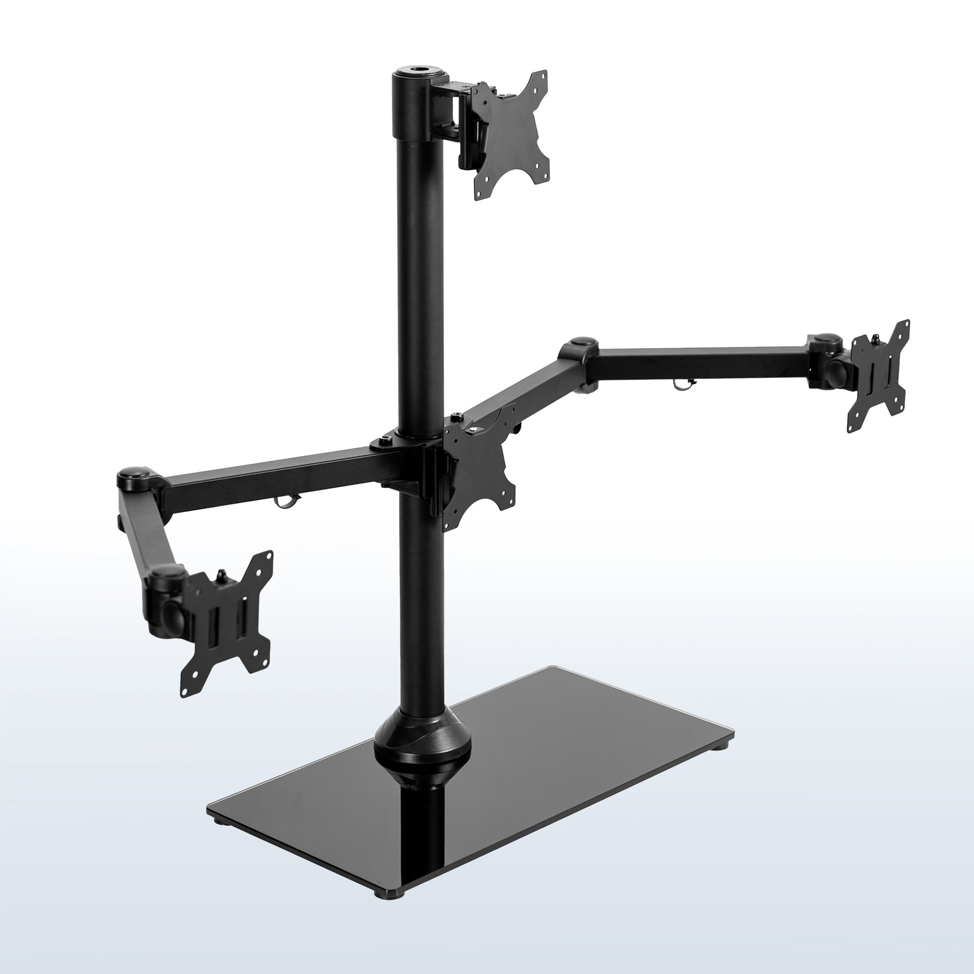 Sturdy height adjustable quad monitor desk stand.