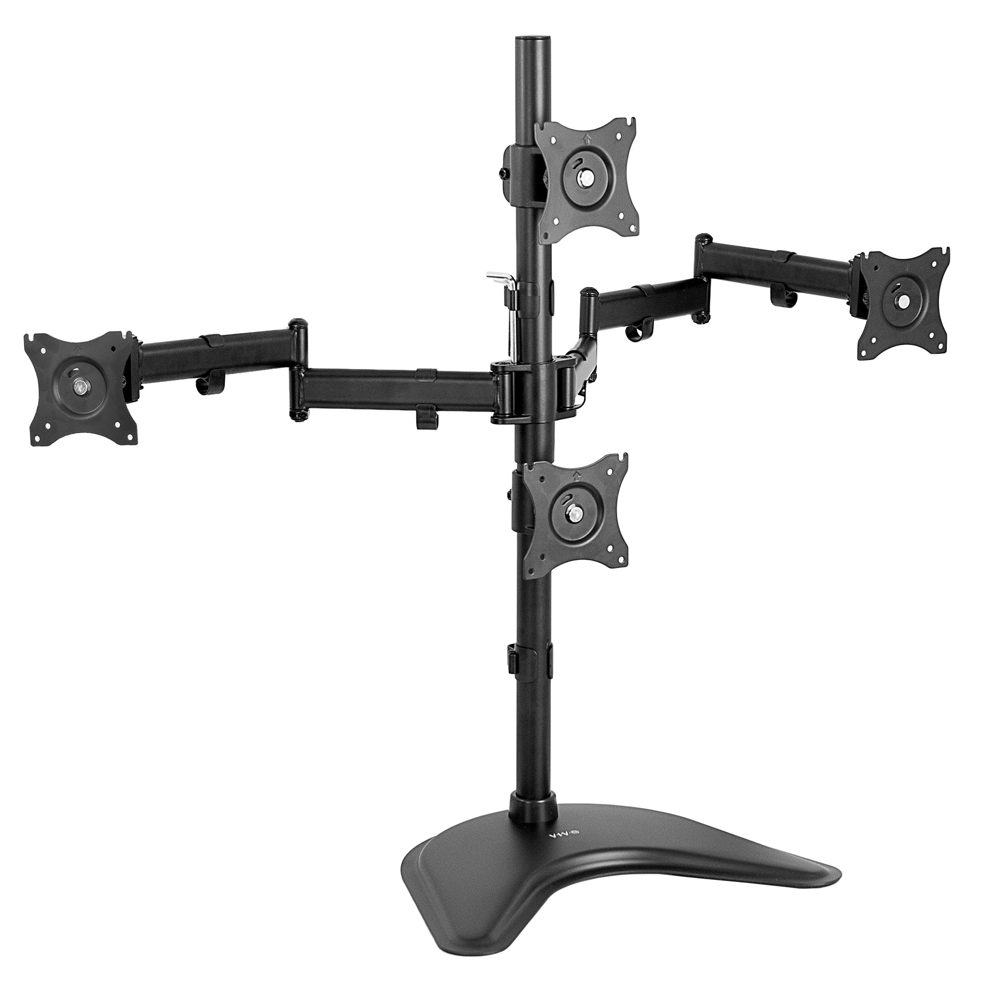 Sturdy height adjustable quad monitor desk stand.