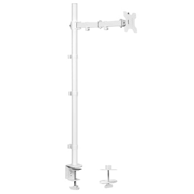 Extra tall desk mount for single monitor provides sit or stand application for the user.