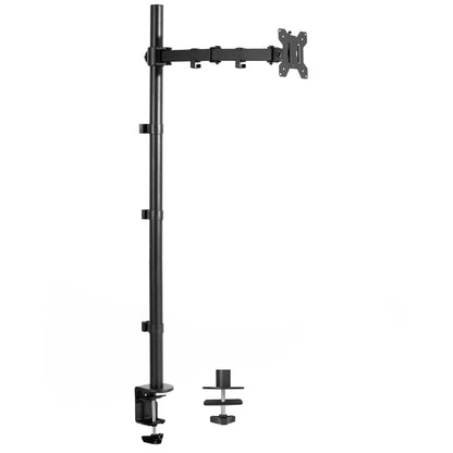 Extra tall desk mount for single monitor provides sit or stand application for the user.