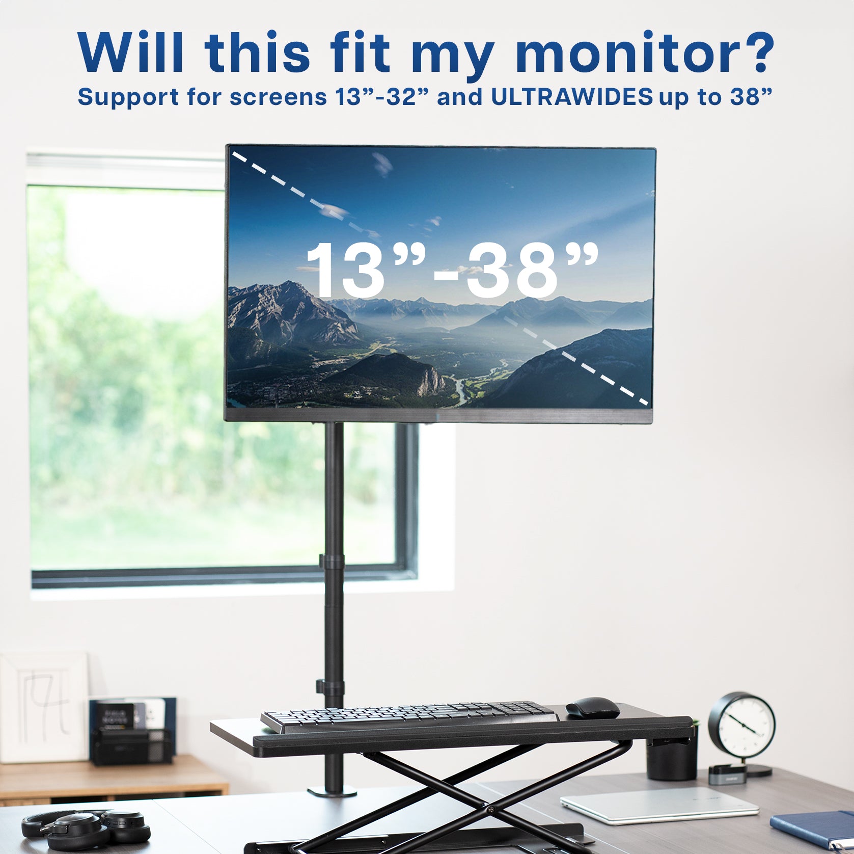 Extra tall desk mount for single monitor provides sit or stand application for the user, flexible viewing angles, and tall screen placement.