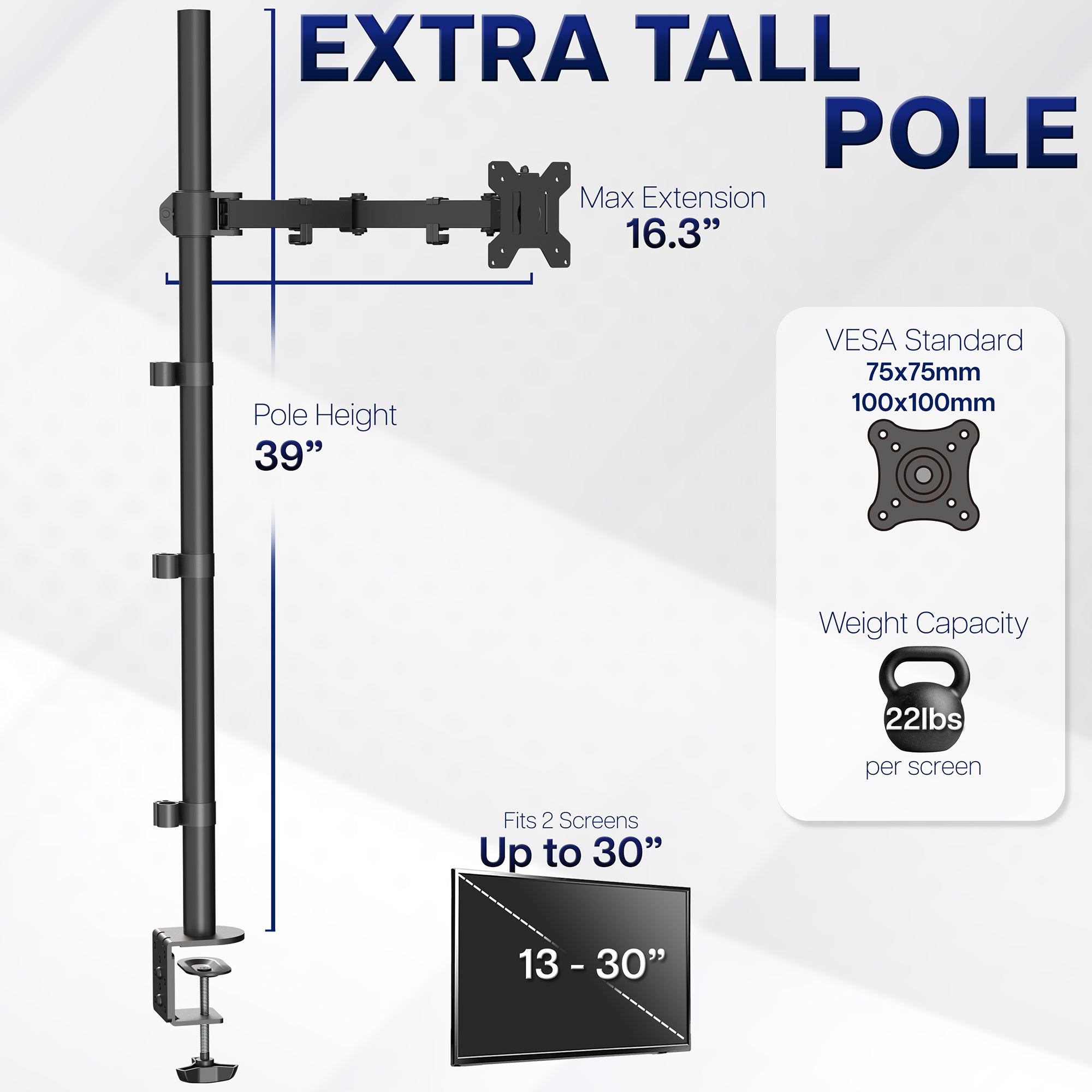 Measurements and specifications of an extra tall monitor stand on a white background