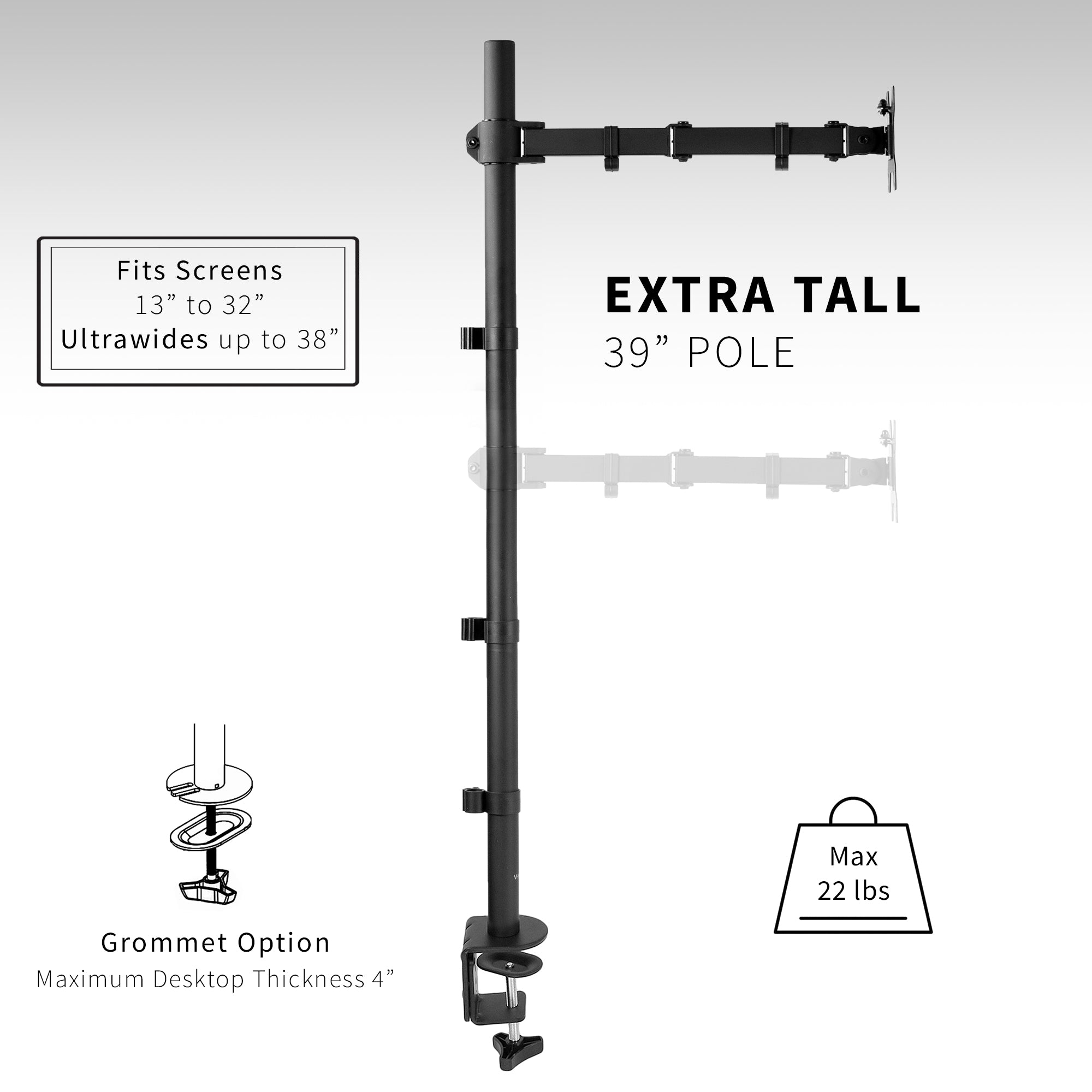 Extra tall desk mount for single monitor provides sit or stand application for the user.