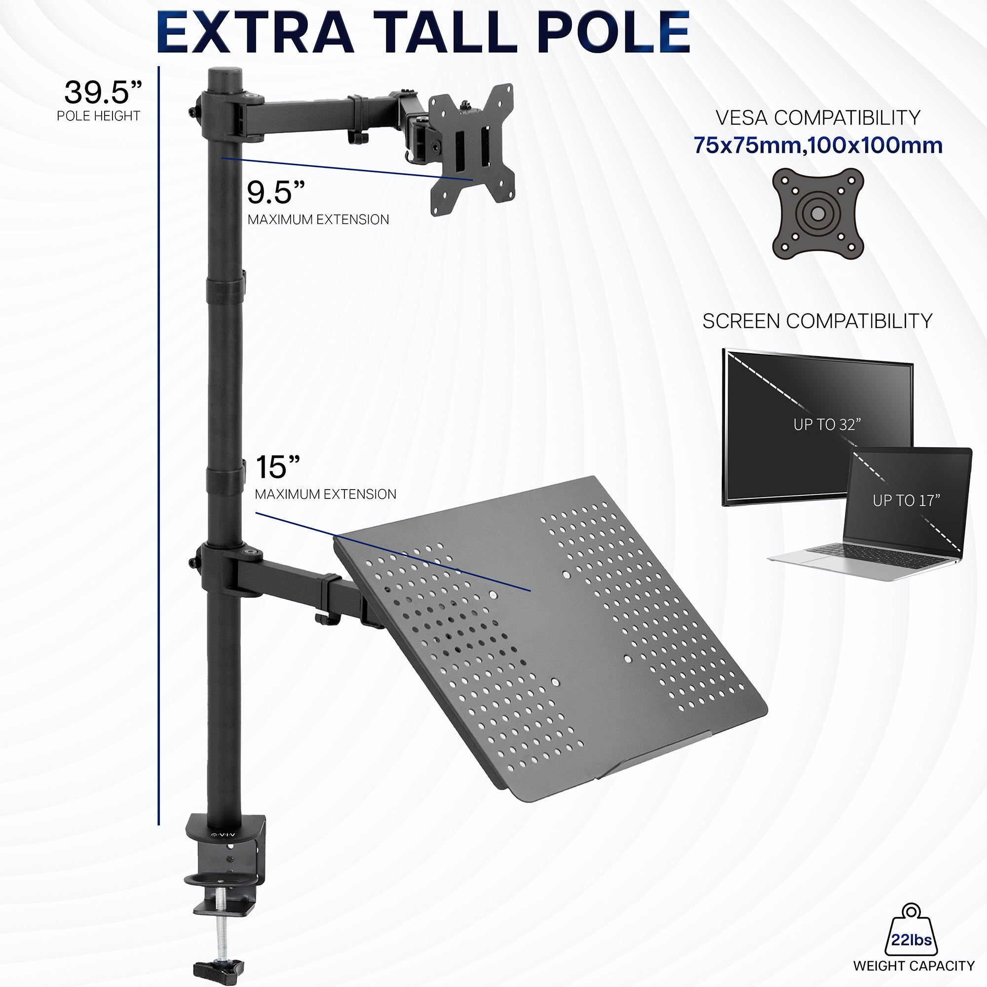 Measurements for single monitor extra tall desk mount with laptop tray.