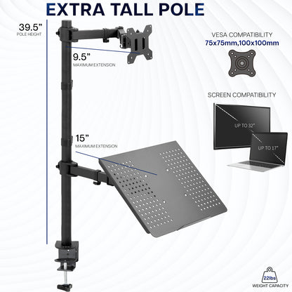 Measurements for single monitor extra tall desk mount with laptop tray.