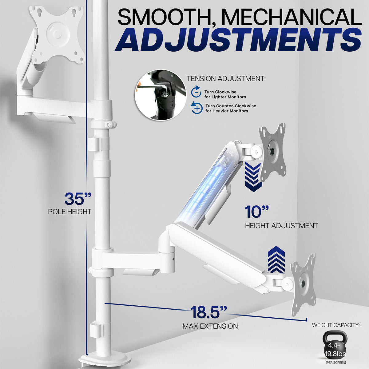 White mechanical monitor arm with adjustable mounting bracket shown with measurement callouts for 35-inch pole height, 18.5-inch max extension, and 10-inch height adjustment, plus text about smooth mechanical adjustments.