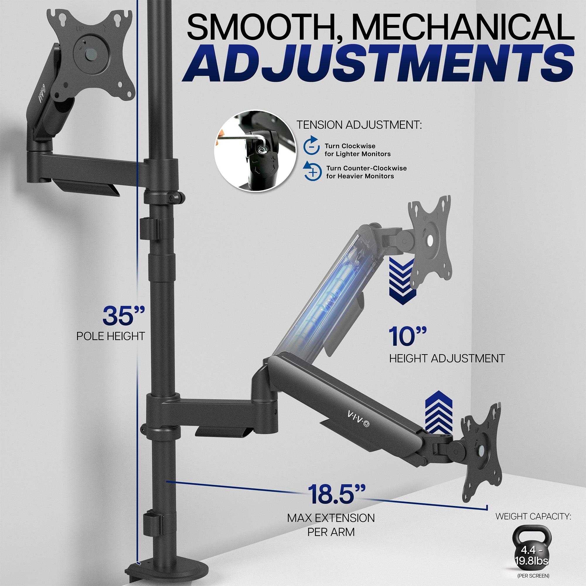 multiple points of adjustment on dual monitor desk stand