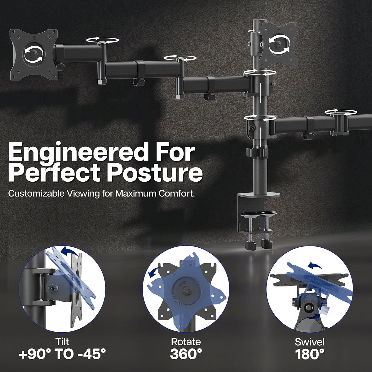 Black multi-arm desktop monitor arm with three adjustable arms and mounting plates, shown on a dark background with marketing text and three circular feature callouts for tilt, rotate, and swivel.