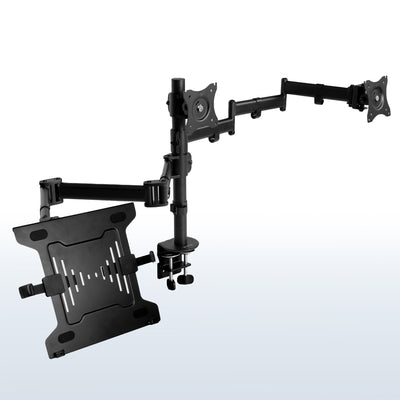 A black desk mount that can hold two monitors and one laptop. The mount features adjustable arms and a sturdy base.