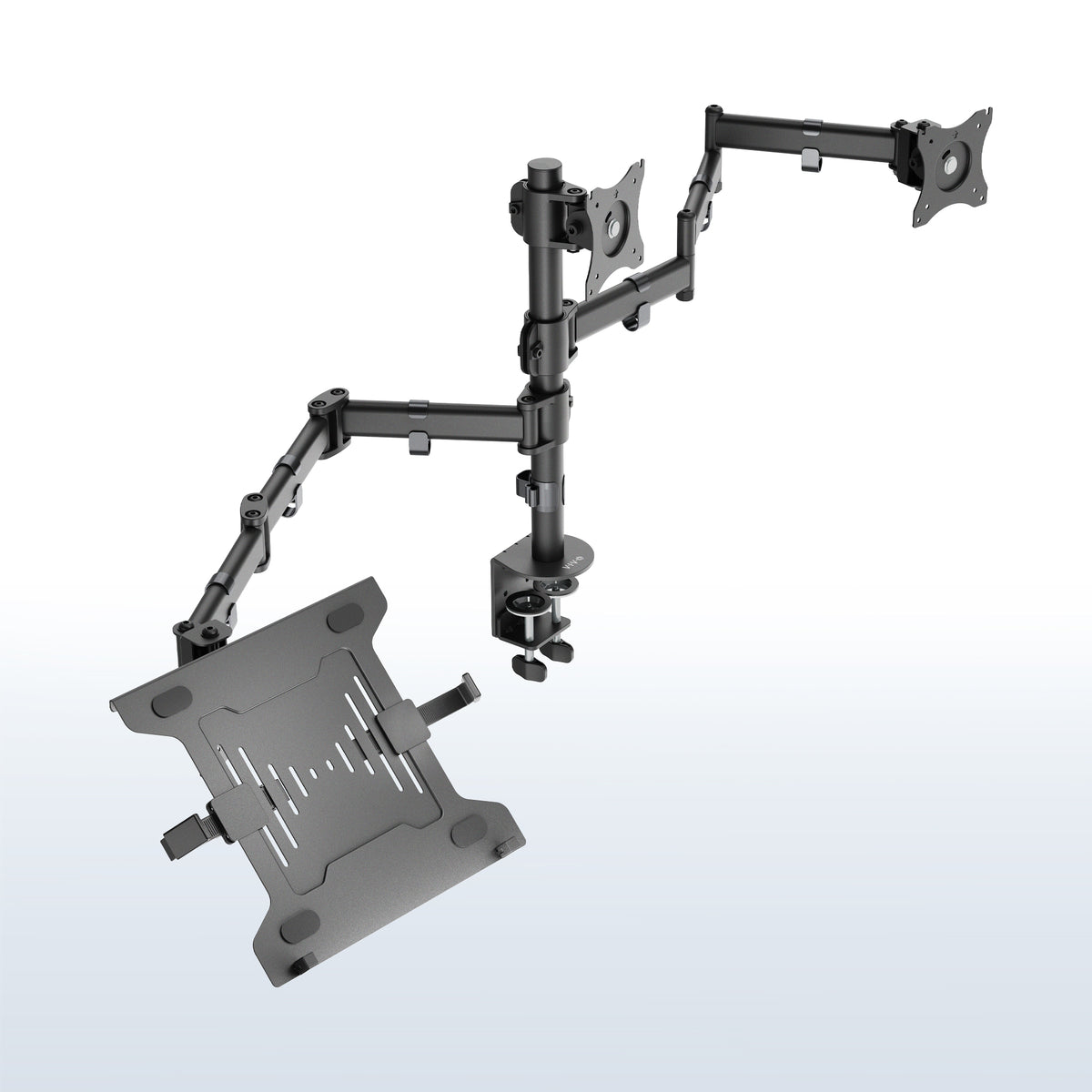 A dual monitor arm mount with two adjustable black plastic and metal arms, one holding a monitor and the other a mounting plate, shown on a light gray gradient background.