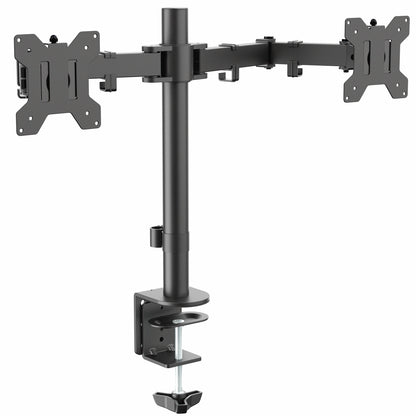 Black dual monitor stand on a white background