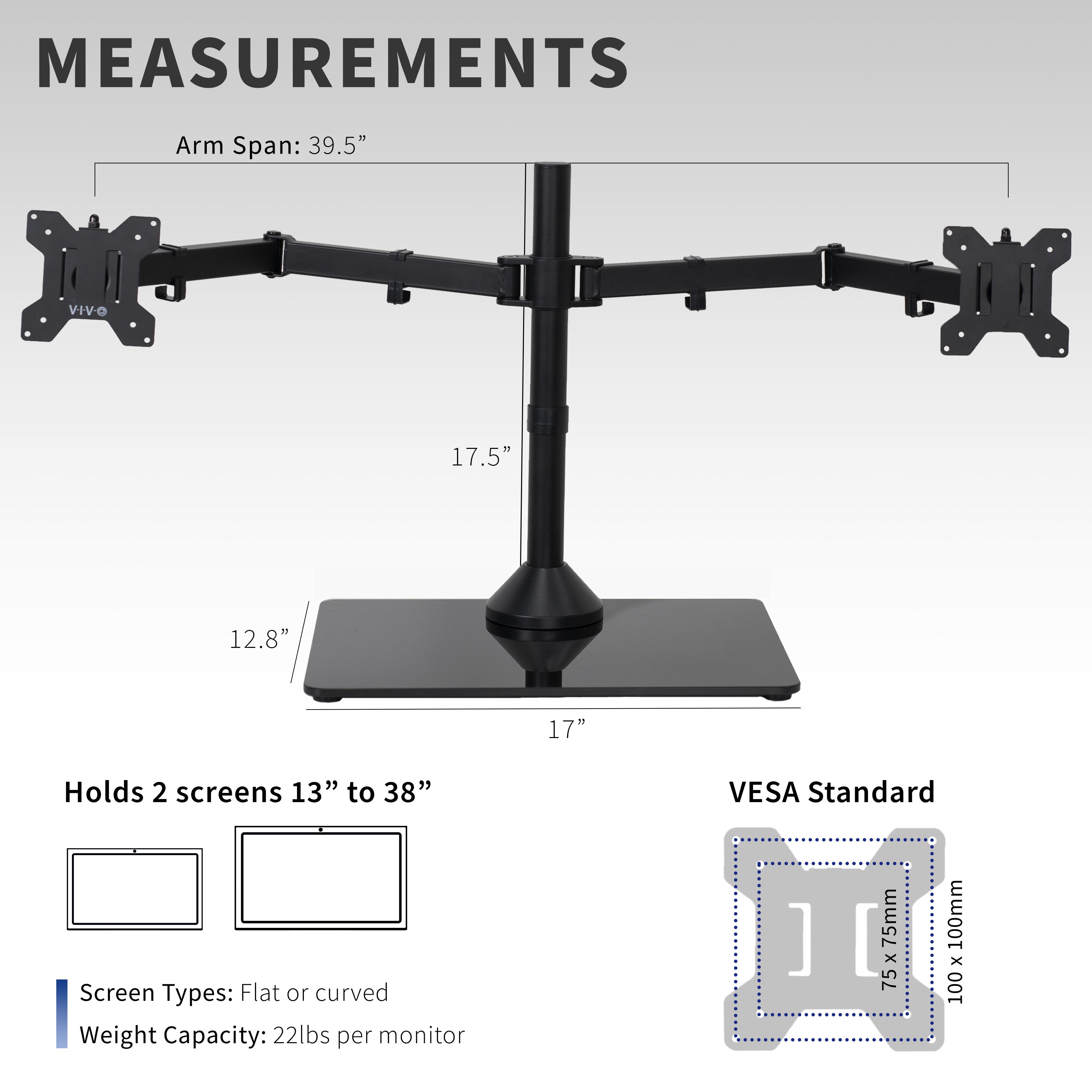 Enhance your work day with this high-grade steel stand built for scratch resistance and security. Designed with user-geared features such as arm articulation, removable VESA mounting plates, adjustable monitor height, integrated cable management, and more, this mount is customizable to your particular office needs.