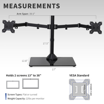 Enhance your work day with this high-grade steel stand built for scratch resistance and security. Designed with user-geared features such as arm articulation, removable VESA mounting plates, adjustable monitor height, integrated cable management, and more, this mount is customizable to your particular office needs.