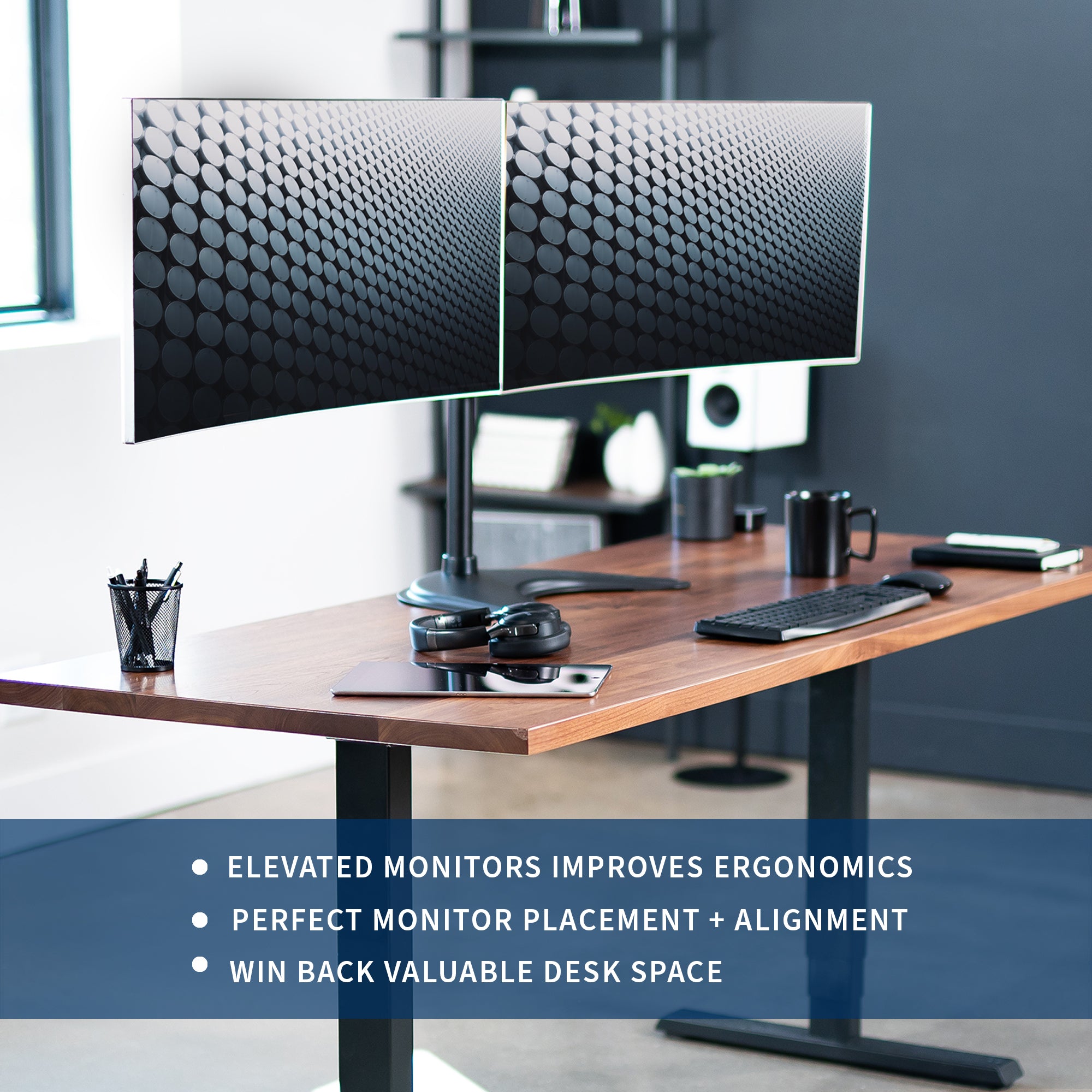 Sturdy adjustable dual monitor stand.